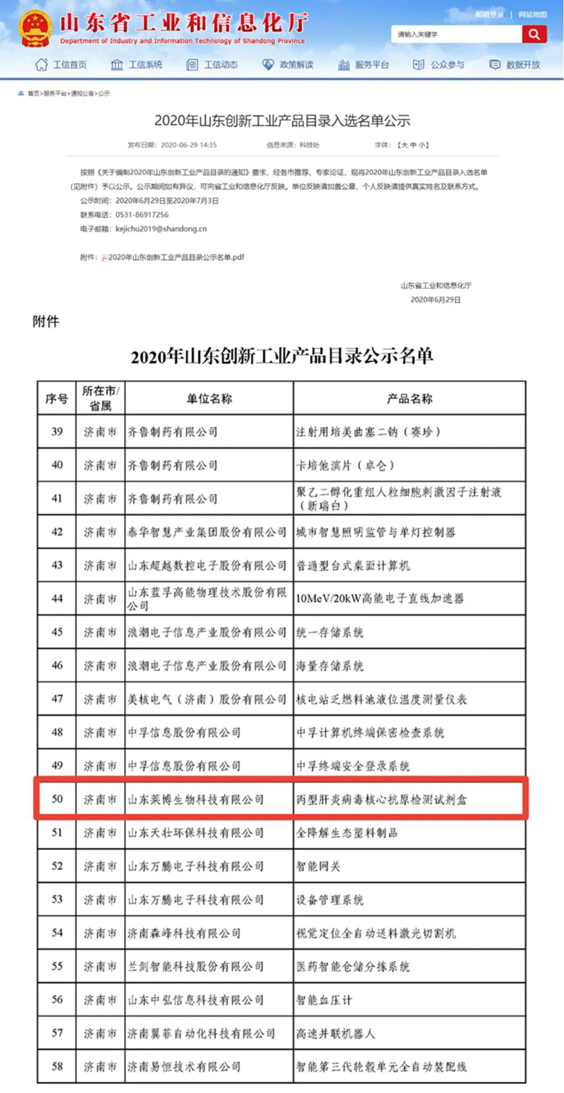 莱博丙型肝炎病毒核心抗原检测试剂盒入选2020年山东创新工业产品目录